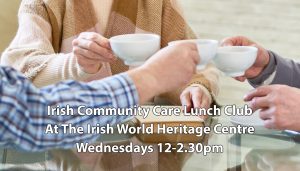 Irish Community Care Manchester flyer, showing elderly people doing "cheers" with teacups.