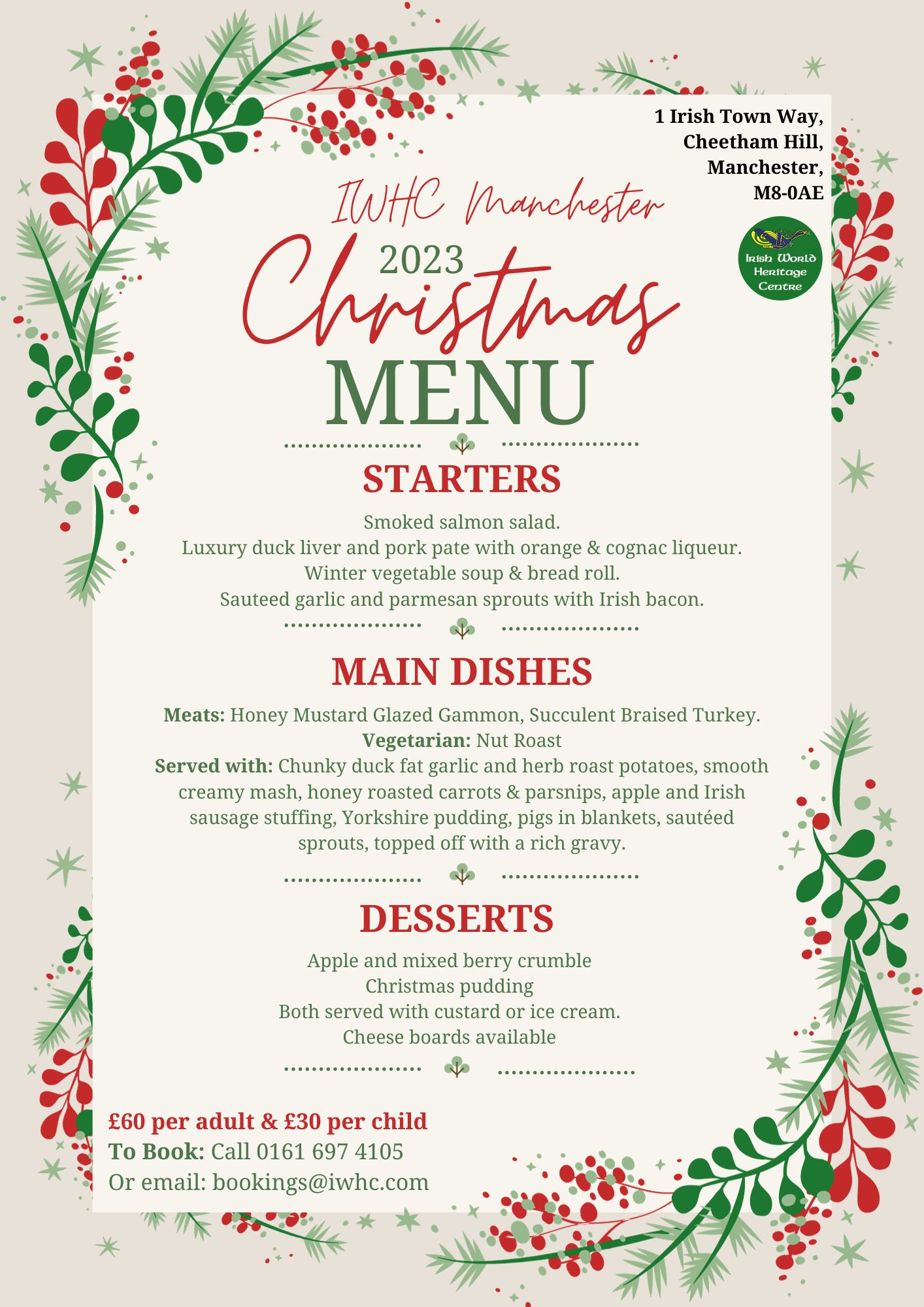 IWHC 2023 Christmas Dinner Menu The Irish World Heritage Centre